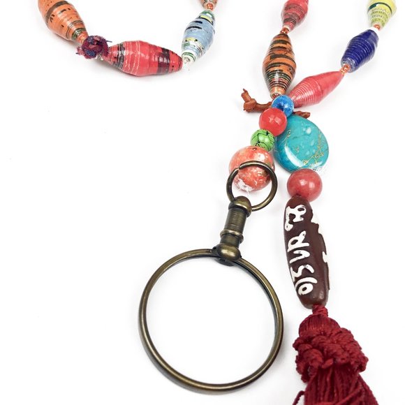 Paper Bead Necklace w Beaded Tassel & Monocle - Picture 3 of 5